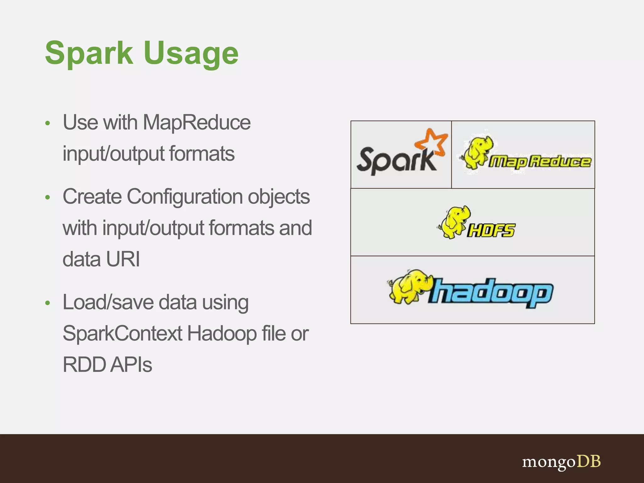 Spark Usage 
• Use with MapReduce 
input/output formats 
• Create Configuration objects 
with input/output formats and 
data URI 
• Load/save data using 
SparkContext Hadoop file or 
RDD APIs 
 