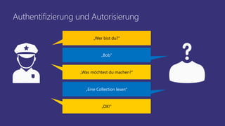 Authentifizierung und Autorisierung
„Wer bist du?“
„Was möchtest du machen?“
„OK!“
„Bob“
„Eine Collection lesen“
 