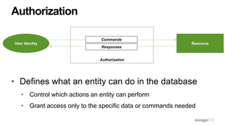 • Defines what an entity can do in the database
• Control which actions an entity can perform
• Grant access only to the specific data or commands needed
Authorization
User Identity Resource
Commands
Responses
Authorization
 