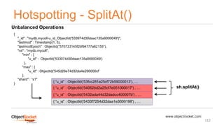 Hotspotting - SplitAt()
www.objectrocket.com
112
{
"_id" : "mydb.mycoll-u_id_ObjectId('533974d30daac135a9000049')",
"lastmod" : Timestamp(1, 5),
"lastmodEpoch" : ObjectId("570733145f2bf94777a62155"),
"ns" : "mydb.mycoll",
"min" : {
"u_id" : ObjectId('533974d30daac135a9000049')
},
"max" : {
"u_id" : ObjectId('545d29e74d32da4e290000cf'
},
"shard" : ”s1"
} { “u_id” : ObjectId('53fcc281a25cf72b59000013'), …
{ “u_id” : ObjectId('54062bd2a25cf7e051000017') , …
{ “u_id” : ObjectId('5432ada44d32dadcc400007b') , …
{ “u_id” : ObjectId('5433f7254d32daa1e3000198') , …
sh.splitAt()
Unbalanced Operations
 