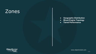 Zones
● Geographic Distribution
● Mixed Engine Topology
● Tiered Performance
www.objectrocket.com
141
 