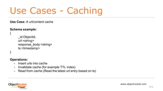 Use Cases - Caching
www.objectrocket.com
171
Use Case: A url/content cache
Schema example:
{
_id:ObjectId,
url:<string>
response_body:<string>
ts:<timestamp>
}
Operations:
- Insert urls into cache
- Invalidate cache (for example TTL index)
- Read from cache (Read the latest url entry based on ts)
 