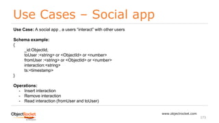 Use Cases – Social app
www.objectrocket.com
173
Use Case: A social app , a users “interact” with other users
Schema example:
{
_id:ObjectId,
toUser :<string> or <ObjectId> or <number>
fromUser :<string> or <ObjectId> or <number>
interaction:<string>
ts:<timestamp>
}
Operations:
- Insert interaction
- Remove interaction
- Read interaction (fromUser and toUser)
 