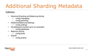 Additional Sharding Metadata
www.objectrocket.com
54
Collections
• Historical Sharding and Balancing Activity
• config.changelog
• config.actionlog
• Additional Balancing Settings
• config.settings
• All databases sharded (and non-sharded)
• config.databases
• Balancer Activity
• config.locks
• Shards
• config.shards
 