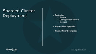 Sharded Cluster
Deployment ● Deploying
○ Shards
○ Configuration Servers
○ Mongos
● Major / Minor Upgrade
● Major / Minor Downgrade
www.objectrocket.com
7
 