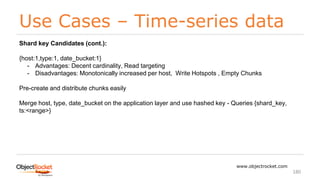 Use Cases – Time-series data
www.objectrocket.com
180
Shard key Candidates (cont.):
{host:1,type:1, date_bucket:1}
- Advantages: Decent cardinality, Read targeting
- Disadvantages: Monotonically increased per host, Write Hotspots , Empty Chunks
Pre-create and distribute chunks easily
Merge host, type, date_bucket on the application layer and use hashed key - Queries {shard_key,
ts:<range>}
 