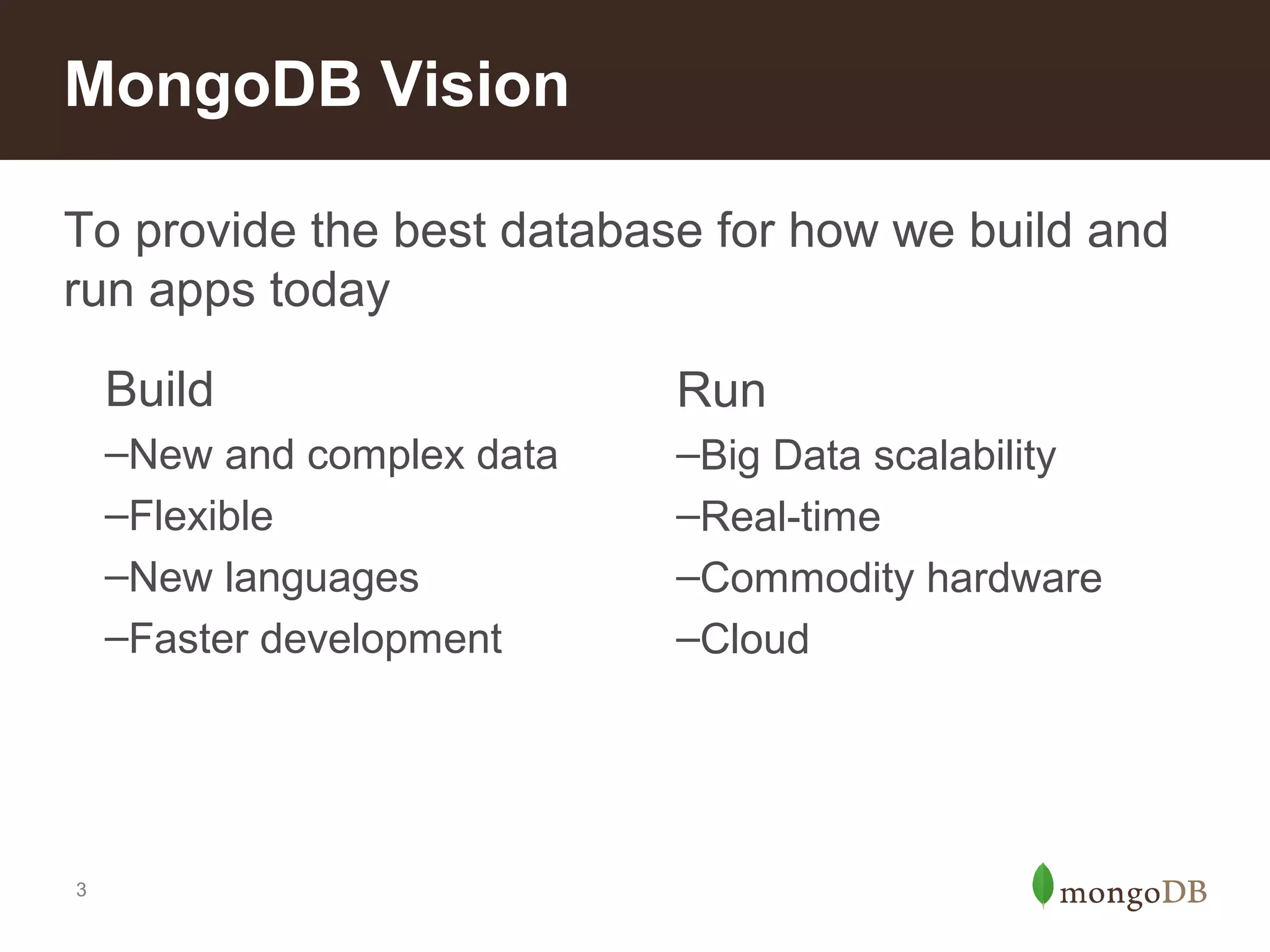 MongoDB Vision
To provide the best database for how we build and
run apps today
Build
–New and complex data
–Flexible
–New languages
–Faster development

3

Run
–Big Data scalability
–Real-time
–Commodity hardware
–Cloud

 
