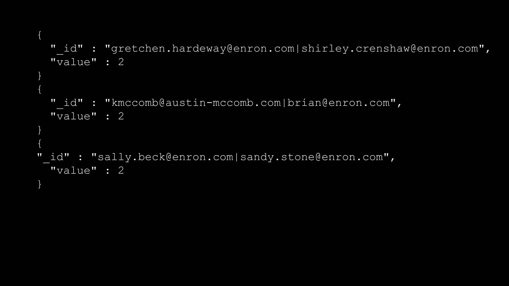 {
"_id" : "gretchen.hardeway@enron.com|shirley.crenshaw@enron.com",
"value" : 2
}
{
"_id" : "kmccomb@austin-mccomb.com|brian@enron.com",
"value" : 2
}
{
"_id" : "sally.beck@enron.com|sandy.stone@enron.com",
"value" : 2
}
 