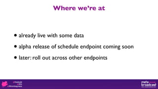 Where we’re at



• already live with some data

• alpha release of schedule endpoint coming soon

• later: roll out across other endpoints
 
