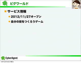 ピグワールド
n サービス情報
l 2012/11/27オープン
l 自分の街をつくろうゲーム

13年12月12日木曜日

 