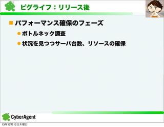 ピグライフ：リリース後
n パフォーマンス確保のフェーズ
l ボトルネック調査
l 状況を見つつサーバ台数、リソースの確保

13年12月12日木曜日

 