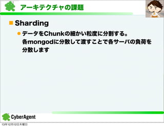 アーキテクチャの課題
n Sharding
l データをChunkの細かい粒度に分割する。
各mongodに分散して渡すことで各サーバの負荷を
分散します

13年12月12日木曜日

 
