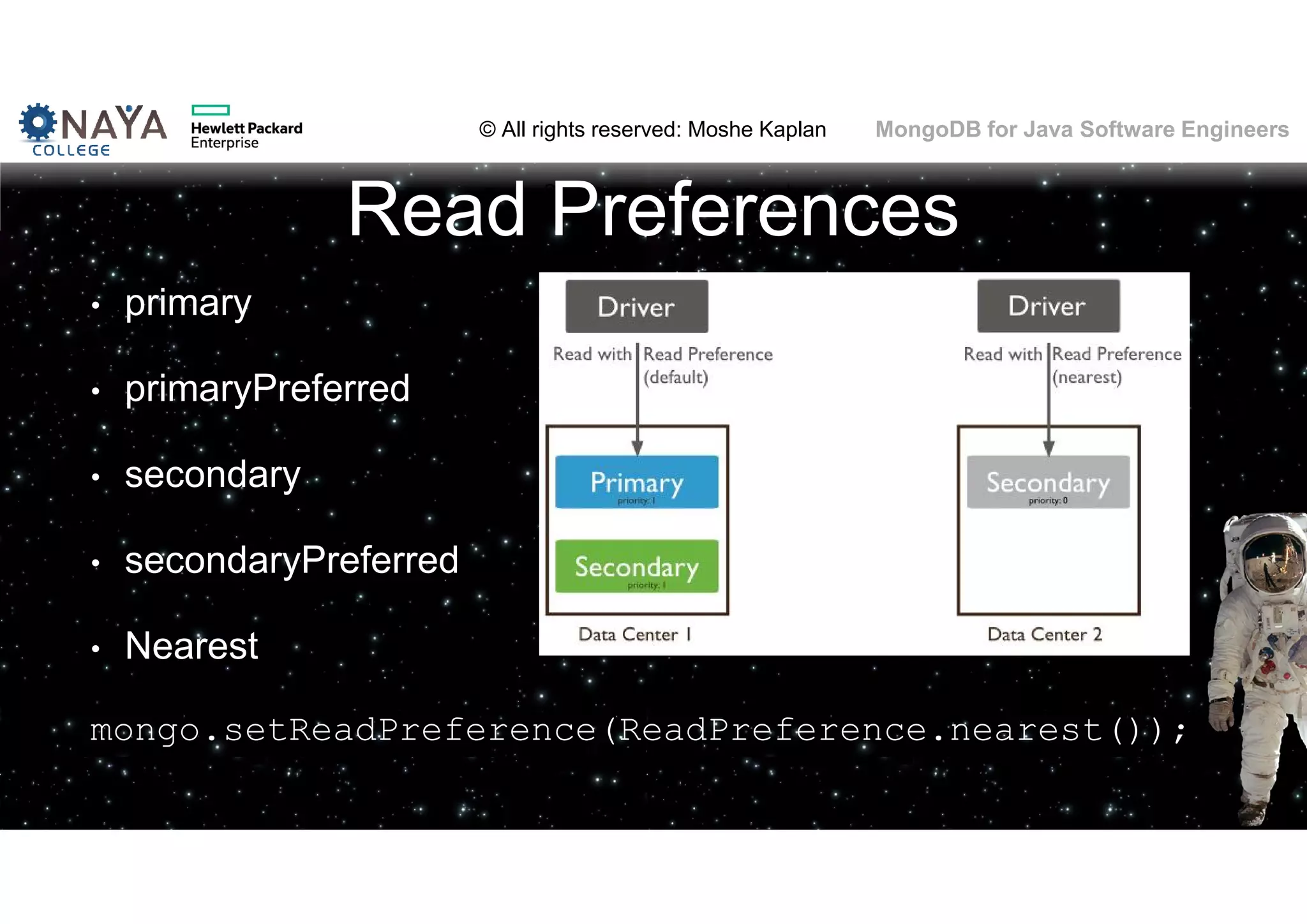 © All rights reserved: Moshe Kaplan© All rights reserved: Moshe Kaplan MongoDB for Java Software Engineers Read Preferences • primary • primaryPreferred • secondary • secondaryPreferred • Nearest mongo.setReadPreference(ReadPreference.nearest()); 