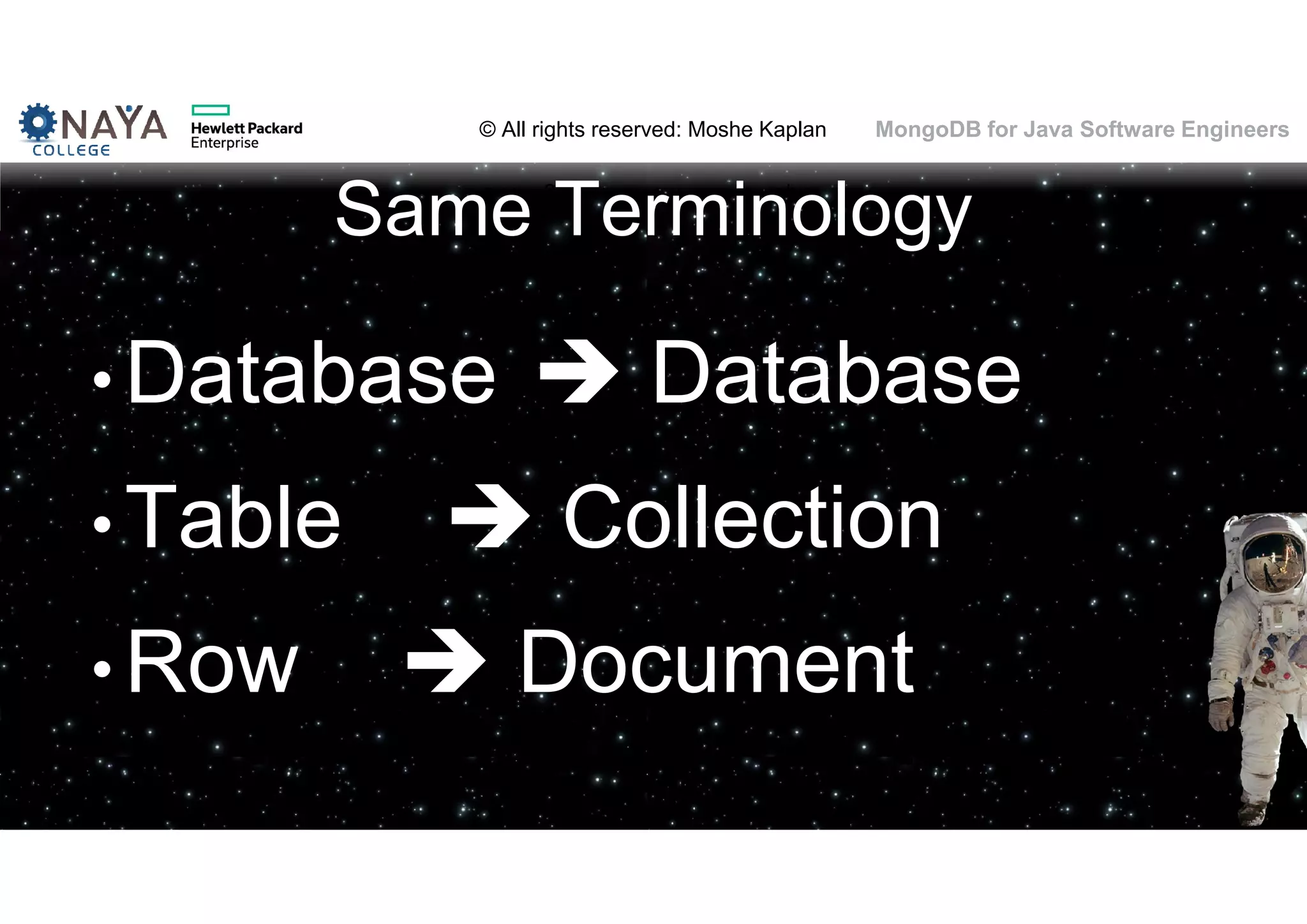 © All rights reserved: Moshe Kaplan© All rights reserved: Moshe Kaplan MongoDB for Java Software Engineers Same Terminology • Database  Database • Table  Collection • Row  Document 