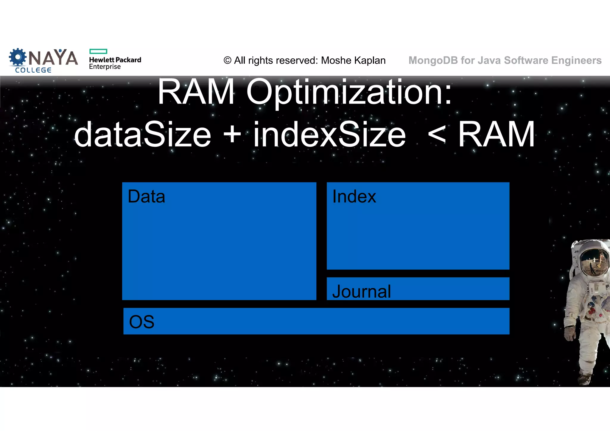 © All rights reserved: Moshe Kaplan© All rights reserved: Moshe Kaplan MongoDB for Java Software Engineers RAM Optimization: dataSize + indexSize < RAM 97 OS Data Index Journal 