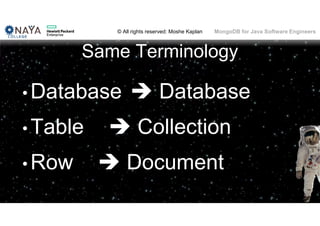 © All rights reserved: Moshe Kaplan© All rights reserved: Moshe Kaplan MongoDB for Java Software Engineers
Same Terminology
• Database  Database
• Table  Collection
• Row  Document
 