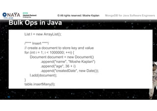 © All rights reserved: Moshe Kaplan© All rights reserved: Moshe Kaplan MongoDB for Java Software Engineers
92
List l = new ArrayList();
/**** Insert ****/
// create a document to store key and value
for (int i = 1; i < 1000000; ++i) {
Document document = new Document()
.append("name", "Moshe Kaplan")
.append("age", 36 + i)
.append("createdDate", new Date());
l.add(document);
}
table.insertMany(l);
Bulk Ops in Java
 