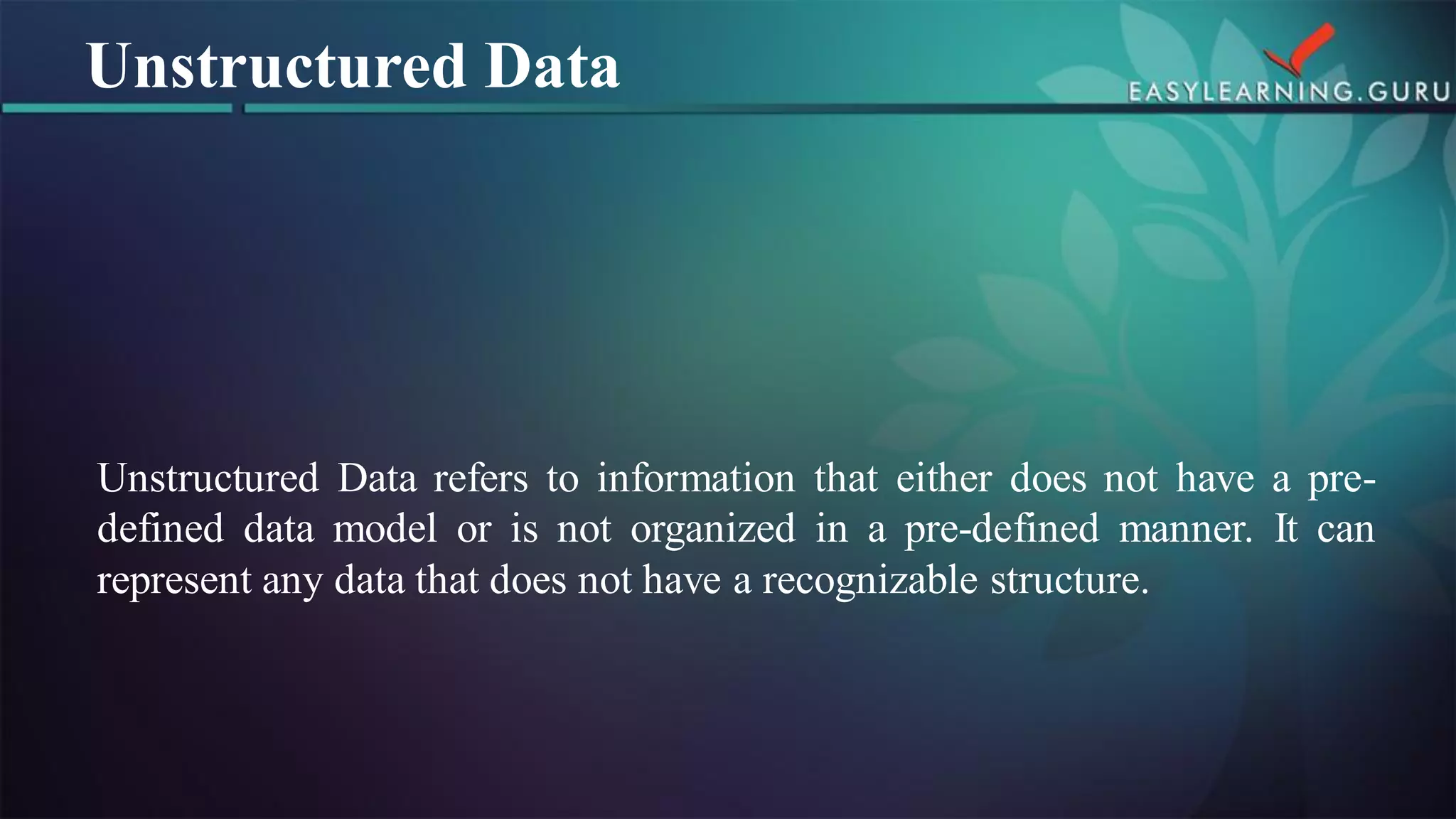 UnstructuredDatareferstoinformationthateitherdoesnothaveapre- defineddatamodelorisnotorganizedinapre-definedmanner.Itcanrepresentanydatathatdoesnothavearecognizablestructure. 
Unstructured Data  