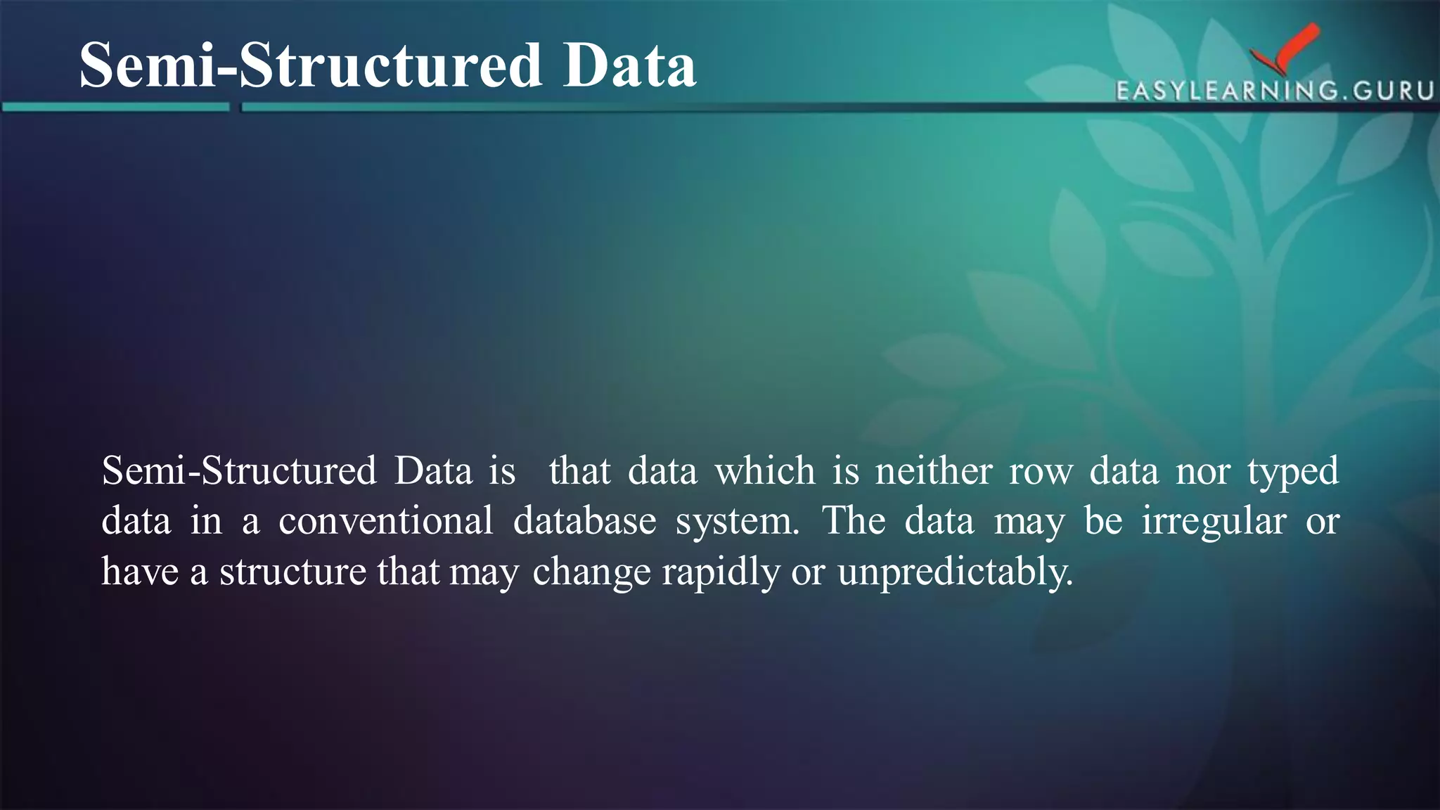 Semi-StructuredDataisthatdatawhichisneitherrowdatanortypeddatainaconventionaldatabasesystem.Thedatamaybeirregularorhaveastructurethatmaychangerapidlyorunpredictably. 
Semi-Structured Data  