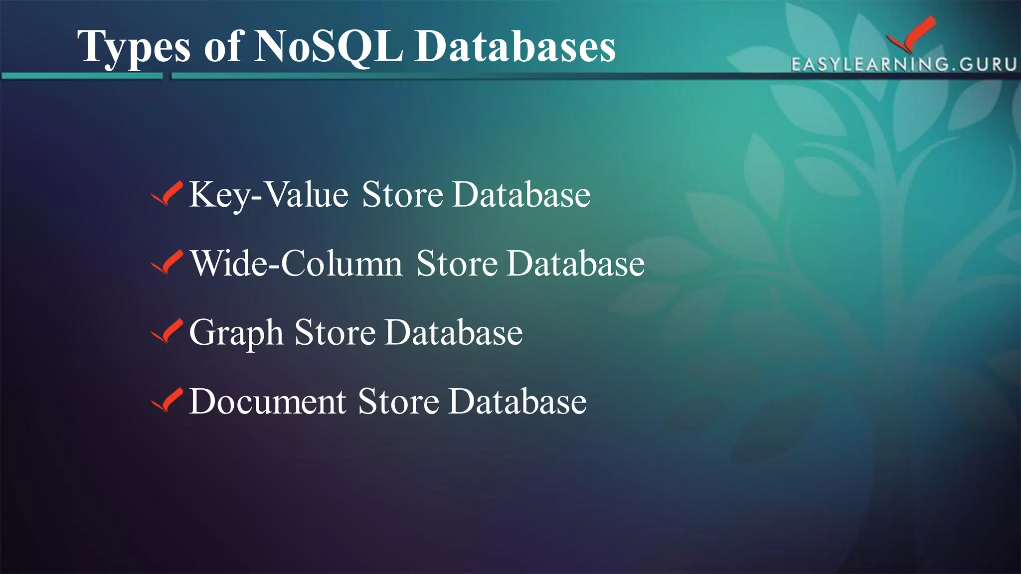 Key-Value Store DatabaseWide-Column Store DatabaseGraph Store DatabaseDocument Store Database 
Types of NoSQL Databases  