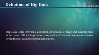 BigDataisthetermforacollectionofdatasetssolargeandcomplexthatitbecomesdifficulttoprocessusingon-handdatabasemanagementtoolsortraditionaldataprocessingapplications. 
Definition of Big Data  