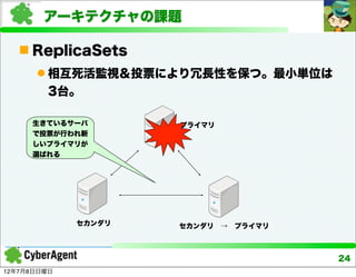 アーキテクチャの課題

    ReplicaSets
       相互死活監視＆投票により冗長性を保つ。最小単位は
        3台。

     生きているサーバ        プライマリ
     で投票が行われ新
     しいプライマリが
     選ばれる




             セカンダリ   セカンダリ → プライマリ



                                     24
12年7月8日日曜日
 