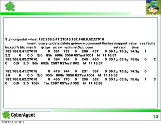 $ ./mongostat --host 192.168.8.41:27018,192.168.8.62:27018
               insert query update delete getmore command ﬂushes mapped vsize res faults
 locked % idx miss %   qr¦qw ar¦aw netIn netOut conn             set repl  time
 192.168.8.41:27018        0 361 132        0  209   437    0 36.1g 76.2g 14.3g  1
 2.2      0    0¦0   2¦0 85k 698k 3056 RSTest1001 M 11:16:57
 192.168.8.62:27018        0 384 164        0  245   480    0 30.1g 63.9g 15.6g  0     2
 0    0¦0   2¦0 96k 652k 2587 RSTest1002 M 11:16:57


 192.168.8.41:27018      0 418 144     0  231  567   0 36.1g 76.2g 14.3g         0
 1.9      0   0¦0  2¦0 100k 908k 3056 RSTest1001 M 11:16:58
 192.168.8.62:27018      0 465 170     0  255  582   0 30.1g 63.9g 15.6g         1    3
 0    0¦0   2¦0 108k   1m 2587 RSTest1002 M 11:16:58




                                                                                      13
12年7月8日日曜日
 