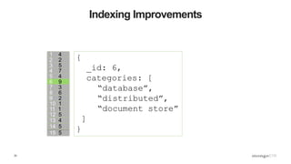 33
Indexing Improvements
1 4
2 2
3 5
4 7
5 4
6 9
7 3
8 6
9 2
10 1
11 1
12 5
13 4
15 5
14 5
{
_id: 6,
categories: [
“database”,
“distributed”,
“document store”
]
}
 