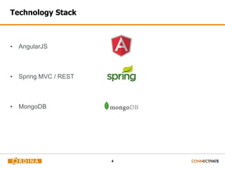 4
Technology Stack
▪ AngularJS
▪ Spring MVC / REST
▪ MongoDB
 