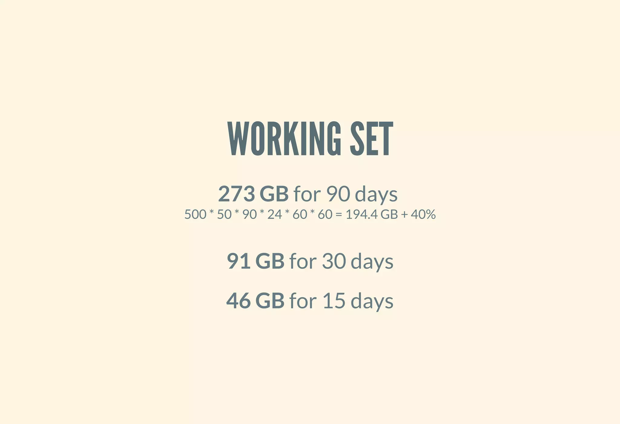 WORKING SET
273 GB for 90 days
500 * 50 * 90 * 24 * 60 * 60 = 194.4 GB + 40%
91 GB for 30 days
46 GB for 15 days
 