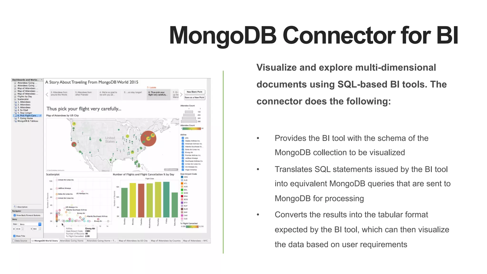 MongoDB Connector for BI
Visualize and explore multi-dimensional
documents using SQL-based BI tools. The
connector does the following:
•  Provides the BI tool with the schema of the
MongoDB collection to be visualized
•  Translates SQL statements issued by the BI tool
into equivalent MongoDB queries that are sent to
MongoDB for processing
•  Converts the results into the tabular format
expected by the BI tool, which can then visualize
the data based on user requirements
 