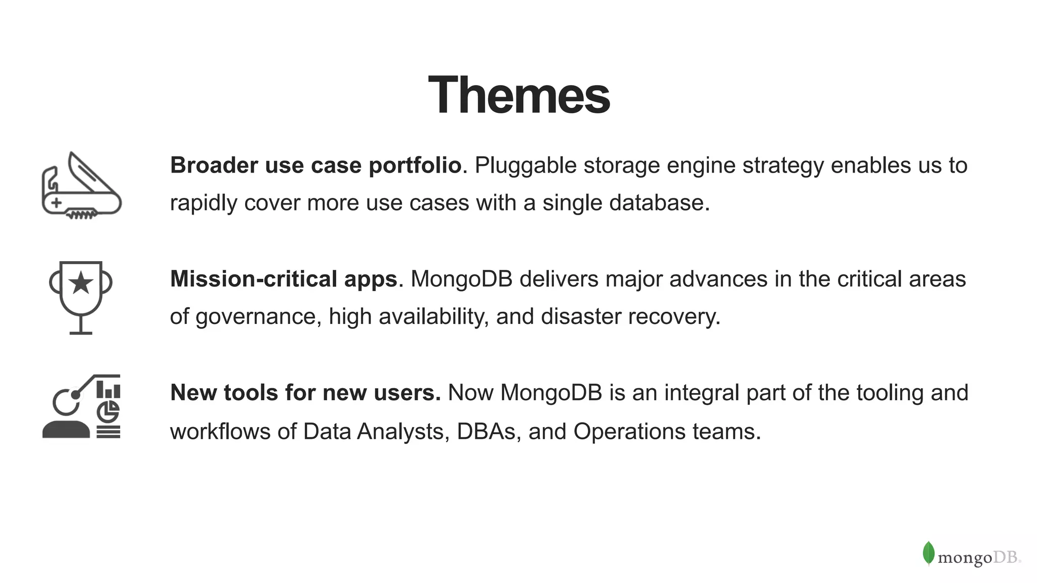 Themes
Broader use case portfolio. Pluggable storage engine strategy enables us to
rapidly cover more use cases with a single database.
Mission-critical apps. MongoDB delivers major advances in the critical areas
of governance, high availability, and disaster recovery.
New tools for new users. Now MongoDB is an integral part of the tooling and
workflows of Data Analysts, DBAs, and Operations teams.
 