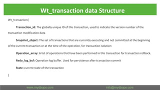 Wt_transaction data Structure
Wt_transaction{
Transaction_id: The globally unique ID of this transaction, used to indicate the version number of the
transaction modification data
Snapshot_object: The set of transactions that are currently executing and not committed at the beginning
of the current transaction or at the time of the operation, for transaction isolation
Operation_array: A list of operations that have been performed in this transaction for transaction rollback.
Redo_log_buf: Operation log buffer. Used for persistence after transaction commit
State: current state of the transaction
}
 