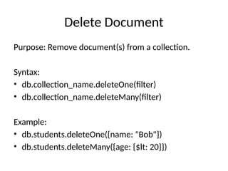 Working with Mongo Db, Create collection, Update and delete | PPTX