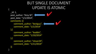 {

BUT SINGLE DOCUMENT
UPDATE IS ATOMIC
_id: 1,
post_author: “Amy W”,
post_date: “1/1/2014”,
comments: [{
comment_author: “bestguy”,
comment_date: “1/1/2014”
},{
comment_author: “baddie”,
comment_date: “1/10/2014”
},{
comment_author: “clever24”,
comment_date: “1/11/2014”
}]

}

 