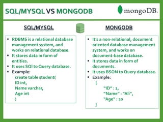 SQL/MYSQLVS MONGODB
SQL/MYSQL MONGODB
 RDBMS is a relational database
management system, and
works on relational database.
 It stores data in form of
entities.
 It uses SQl to Query database.
 Example:
create table student(
ID int,
Name varchar,
Age int
)
 It’s a non-relational, document
oriented database management
system, and works on
document-base database.
 It stores data in form of
documents.
 It uses BSON to Query database.
 Example:
{
“ID” : 1,
“Name” : “Ali”,
“Age” : 20
}
 