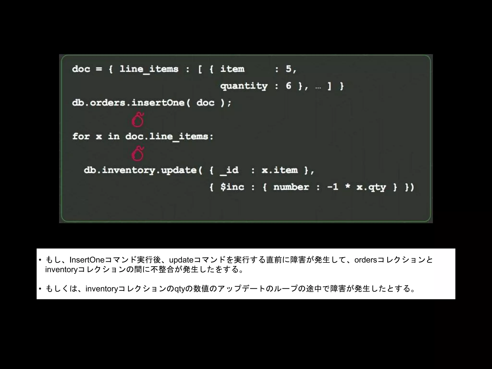 • もし、InsertOneコマンド実行後、updateコマンドを実行する直前に障害が発生して、ordersコレクションと
inventoryコレクションの間に不整合が発生したをする。
• もしくは、inventoryコレクションのqtyの数値のアップデートのループの途中で障害が発生したとする。
 