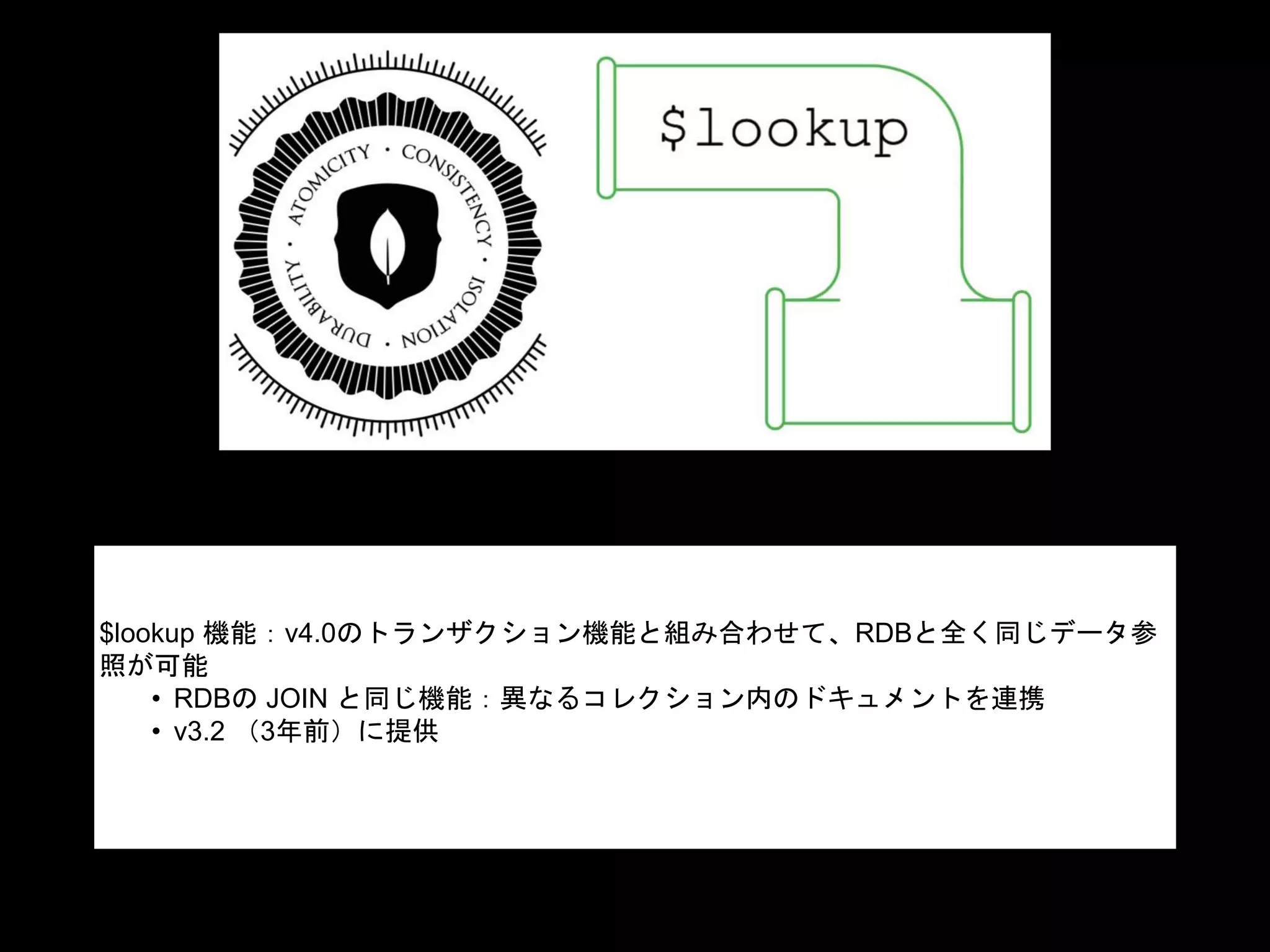 $lookup 機能：v4.0のトランザクション機能と組み合わせて、RDBと全く同じデータ参
照が可能
• RDBの JOIN と同じ機能：異なるコレクション内のドキュメントを連携
• v3.2 （3年前）に提供
 