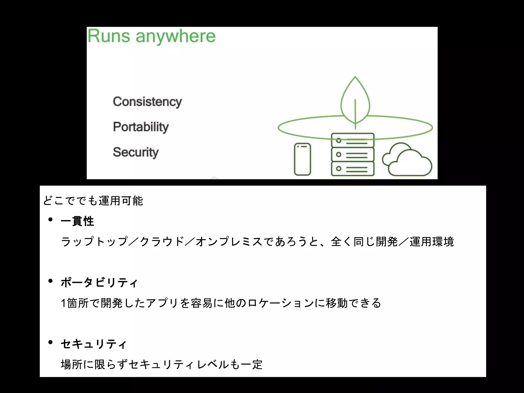 どこででも運用可能
• 一貫性
ラップトップ／クラウド／オンプレミスであろうと、全く同じ開発／運用環境
• ポータビリティ
1箇所で開発したアプリを容易に他のロケーションに移動できる
• セキュリティ
場所に限らずセキュリティレベルも一定
 