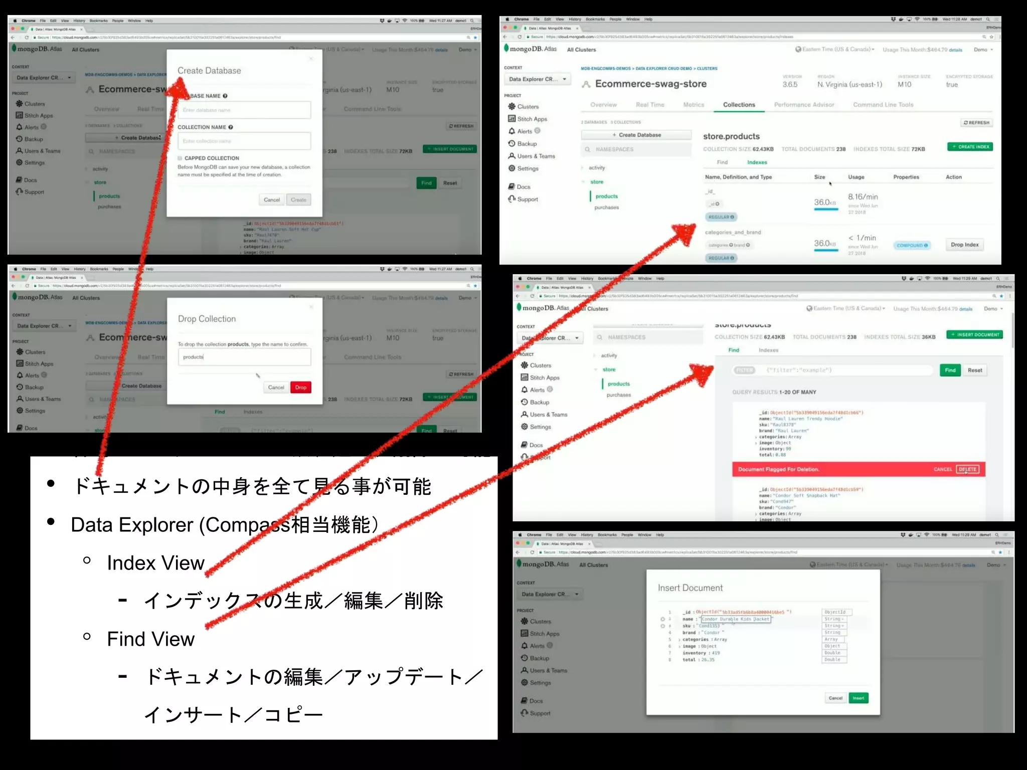 • 容易にコレクションの生成、追加、削除が可能
• ドキュメントの中身を全て見る事が可能
• Data Explorer (Compass相当機能）
◦ Index View
- インデックスの生成／編集／削除
◦ Find View
- ドキュメントの編集／アップデート／
インサート／コピー
- クエリーの実行
 