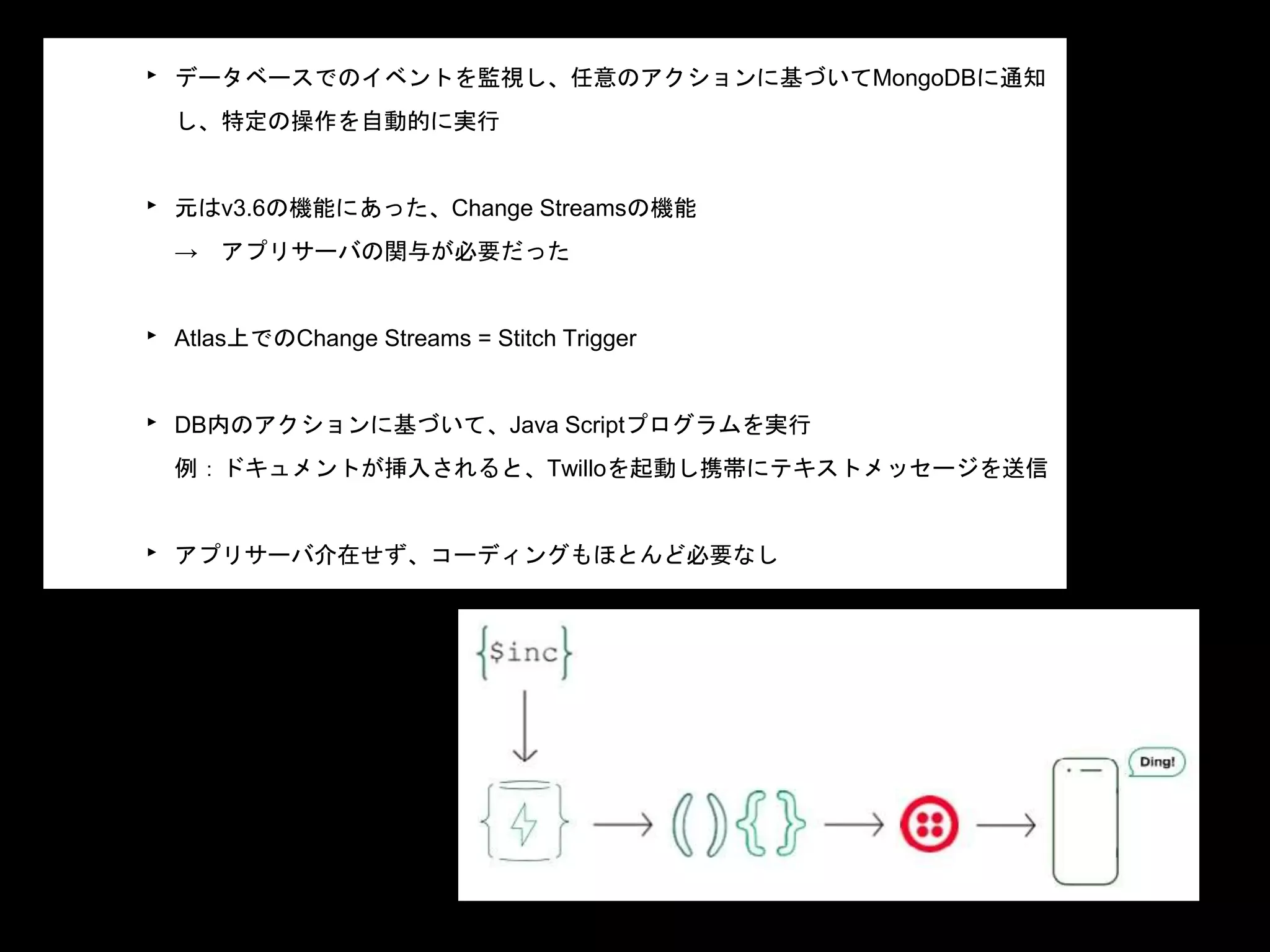 ‣ データベースでのイベントを監視し、任意のアクションに基づいてMongoDBに通知
し、特定の操作を自動的に実行
‣ 元はv3.6の機能にあった、Change Streamsの機能
→ アプリサーバの関与が必要だった
‣ Atlas上でのChange Streams = Stitch Trigger
‣ DB内のアクションに基づいて、Java Scriptプログラムを実行
例：ドキュメントが挿入されると、Twilloを起動し携帯にテキストメッセージを送信
‣ アプリサーバ介在せず、コーディングもほとんど必要なし
‣ MongoDB外で処理が行われるため、DB性能に全く影響なし
 