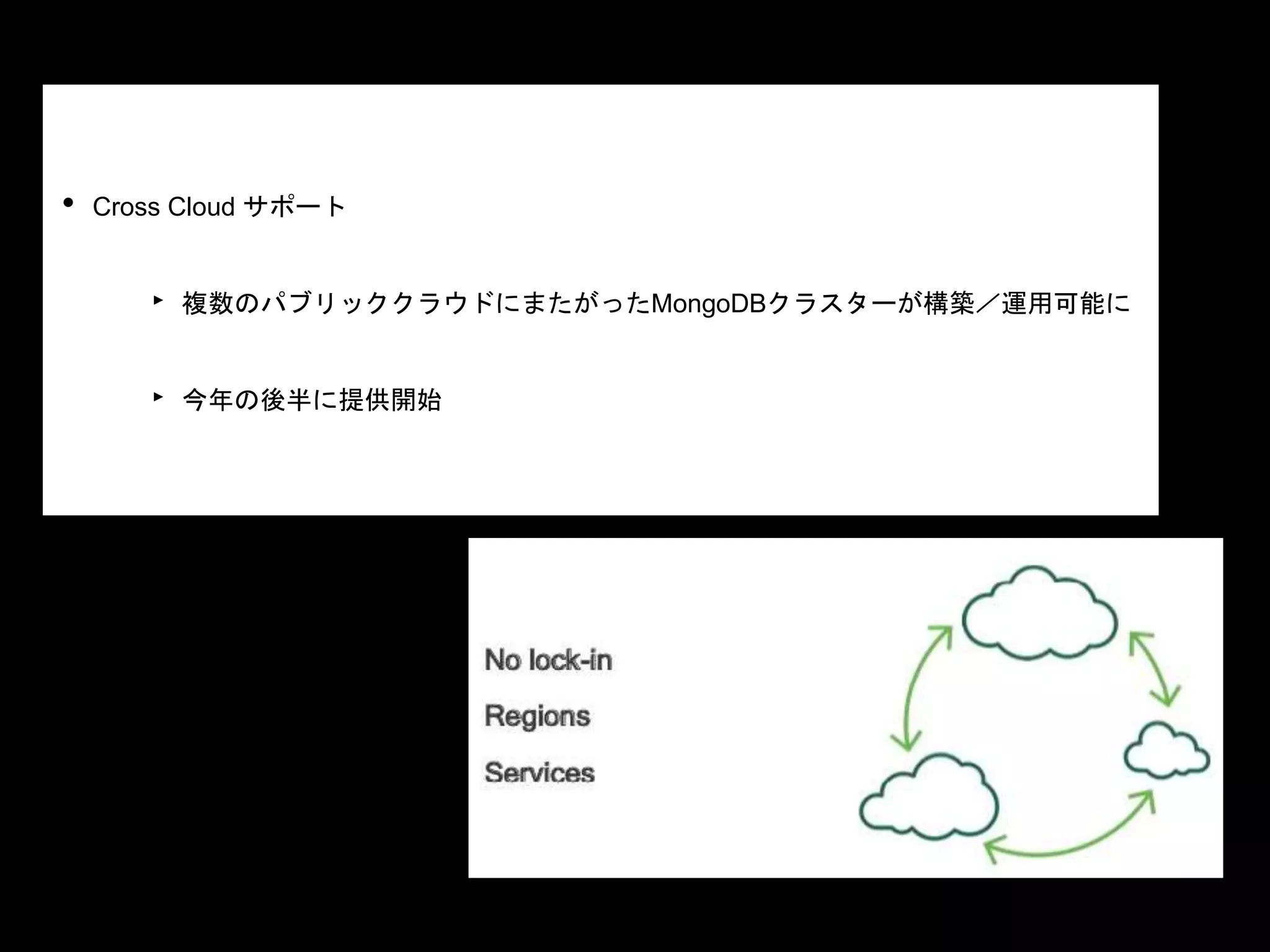 • Cross Cloud サポート
‣ 複数のパブリッククラウドにまたがったMongoDBクラスターが構築／運用可能に
‣ 今年の後半に提供開始
 