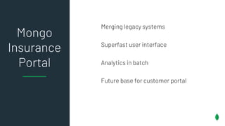 Mongo
Insurance
Portal
Superfast user interface
Merging legacy systems
Analytics in batch
Future base for customer portal
 