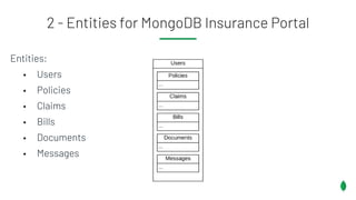 2 - Entities for MongoDB Insurance Portal
Entities:
• Users
• Policies
• Claims
• Bills
• Documents
• Messages
 