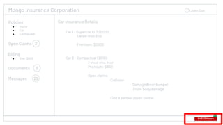 Mongo Insurance Corporation John Doe
Car Insurance Details
Car 1 - Supercar XLT (2020)
4 wheel drive, 8 cyl
Premium: $2000
Car 2 - Compactcar (2010)
2 wheel drive, 4 cyl
Premium: $800
Open claims
Collision
Damaged rear bumper
Trunk body damage
Find a partner repair center
54323 Views
Policies
● Home
● Car
● Earthquake
Open Claims 2
Billing
● Due: $800
Documents 8
Messages 25
 