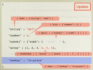 {

    "_id" : ObjectId("4dcd3ebc9278000000005158"),

    "timestamp" : ISODate("2011-05-13T14:22:46.777Z"),
          { $set : {"string": "def"} }

    "binary" : BinData(0,""), { $inc : {"number": 1} }

    "string" : "def",
                          { $pull : {"subobj": {"subB": 2 } } }
    "number" : 4,

    "subobj" : {"subA": 1, "subB": 2 },

    "array" : [1, 2, 3, 4, 5, 6],

    "dbref"$addToSet : { "array" : { $each : [ 4 , 5 , 6 ] } } }
         { : [_id1, _id2, _id3]


    "newkey" : "In-place"

}                              { $set : {"newkey": "In-place"} }
 