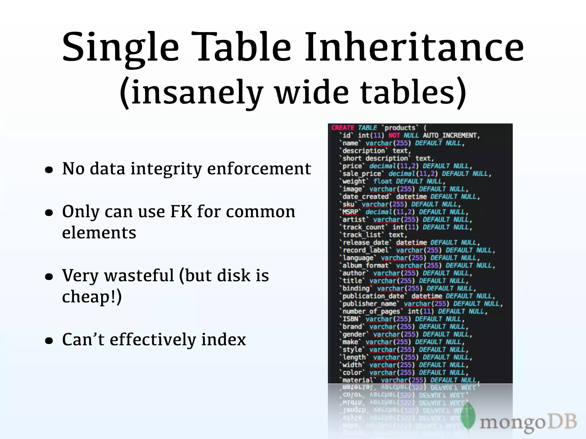 Single Table Inheritance
         (insanely wide tables)

• No data integrity enforcement
• Only can use FK for common
  elements

• Very wasteful (but disk is
  cheap!)

• Can’t effectively index
 