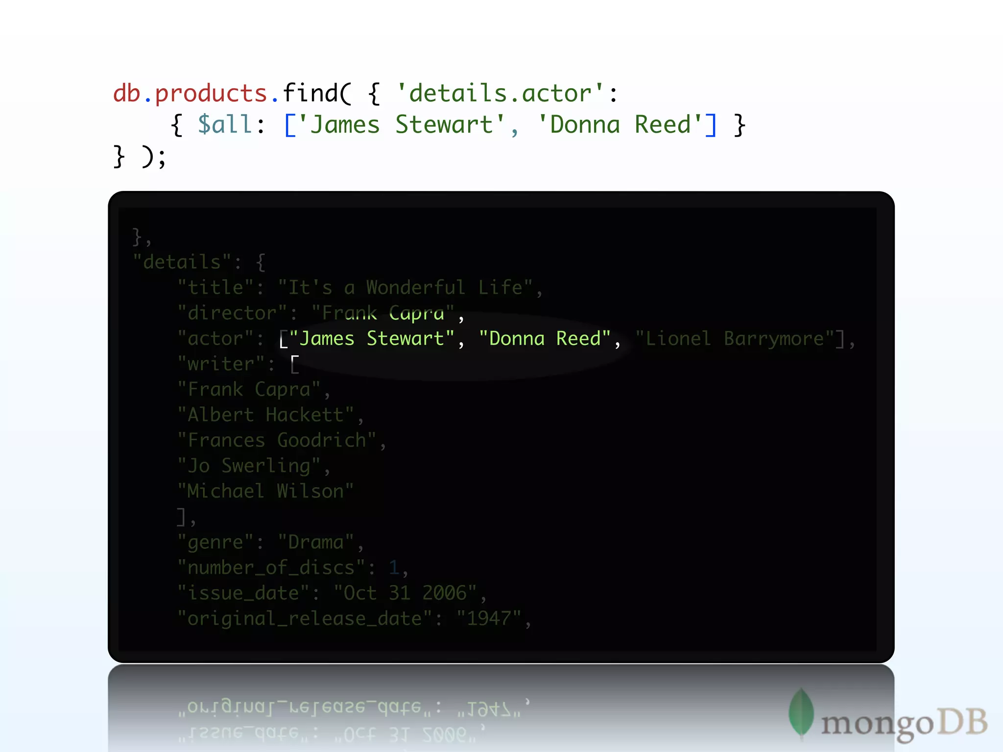 db.products.find( { 'details.actor':
     { $all: ['James Stewart', 'Donna Reed'] }
} );


 },
 "details": {
     "title": "It's a Wonderful Life",
     "director": "Frank Capra",
     "actor": ["James Stewart", "Donna Reed", "Lionel Barrymore"],
     "writer": [
     "Frank Capra",
     "Albert Hackett",
     "Frances Goodrich",
     "Jo Swerling",
     "Michael Wilson"
     ],
     "genre": "Drama",
     "number_of_discs": 1,
     "issue_date": "Oct 31 2006",
     "original_release_date": "1947",
 