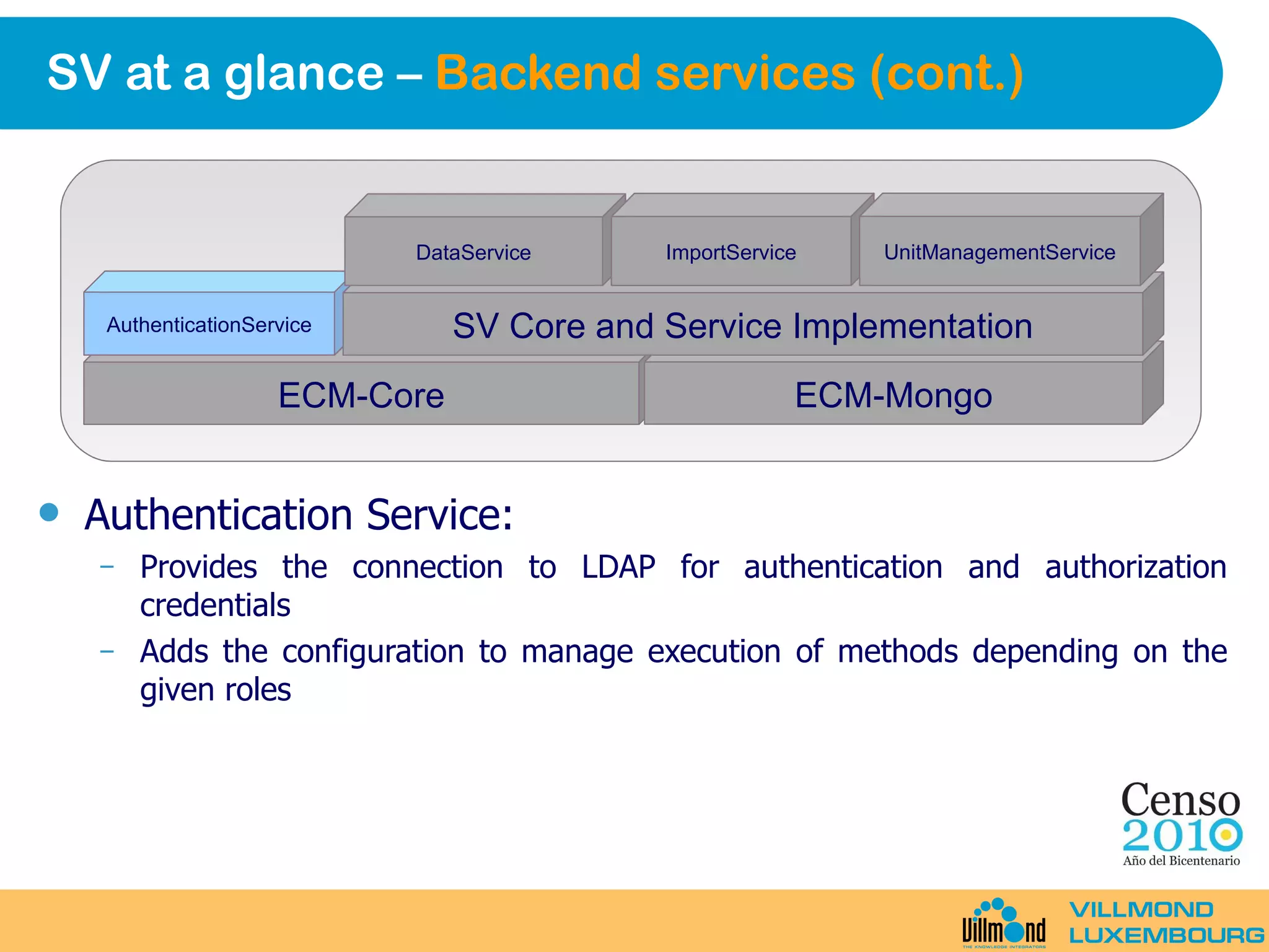 SV at a glance –  Backend services (cont.) Authentication Service: Provides the connection to LDAP for authentication and authorization credentials Adds the configuration to manage execution of methods depending on the given roles ECM-Core ECM-Mongo AuthenticationService SV Core and Service Implementation DataService ImportService UnitManagementService 