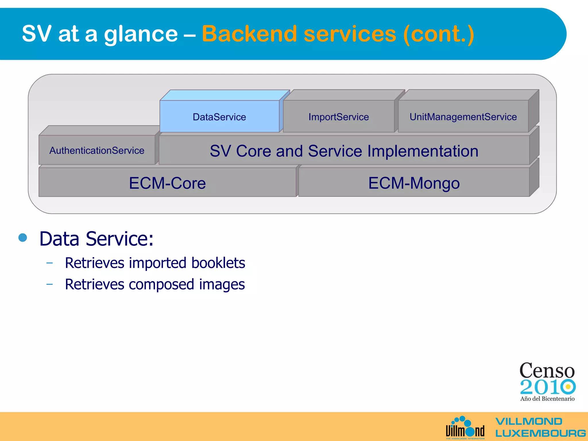 SV at a glance –  Backend services (cont.) Data Service: Retrieves imported booklets Retrieves composed images ECM-Core ECM-Mongo AuthenticationService SV Core and Service Implementation DataService ImportService UnitManagementService 
